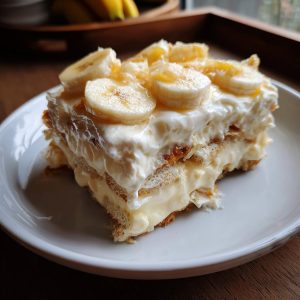 A delicious slice of Southern banana pudding, layered with vanilla wafers, creamy pudding, and topped with fresh banana slices.