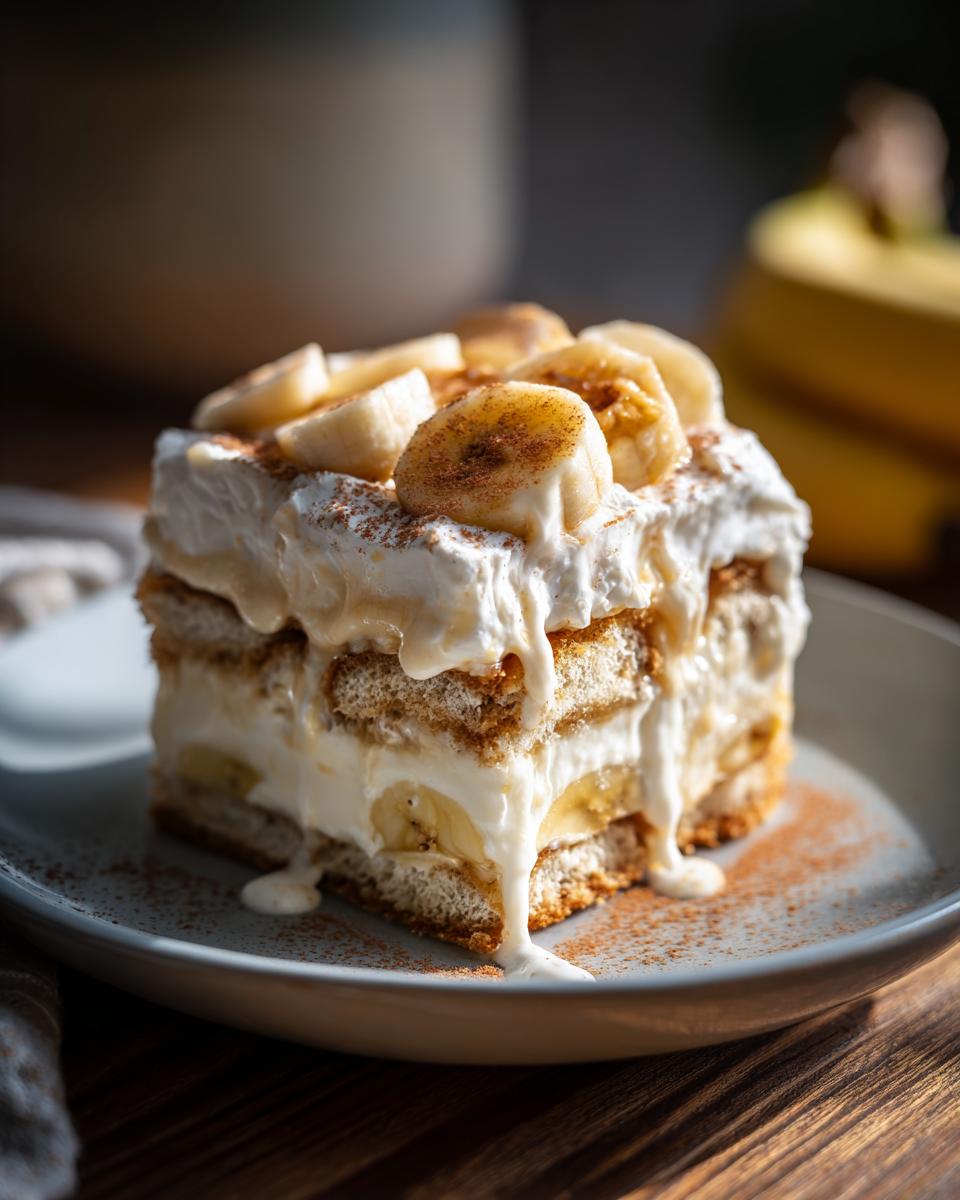 A decadent slice of Southern banana pudding, layered with wafers, creamy pudding, and fresh bananas, topped with whipped cream and cinnamon.