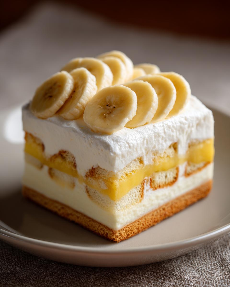 A delicious slice of Southern banana pudding with layers of vanilla wafers, custard, and whipped cream, topped with fresh banana slices.