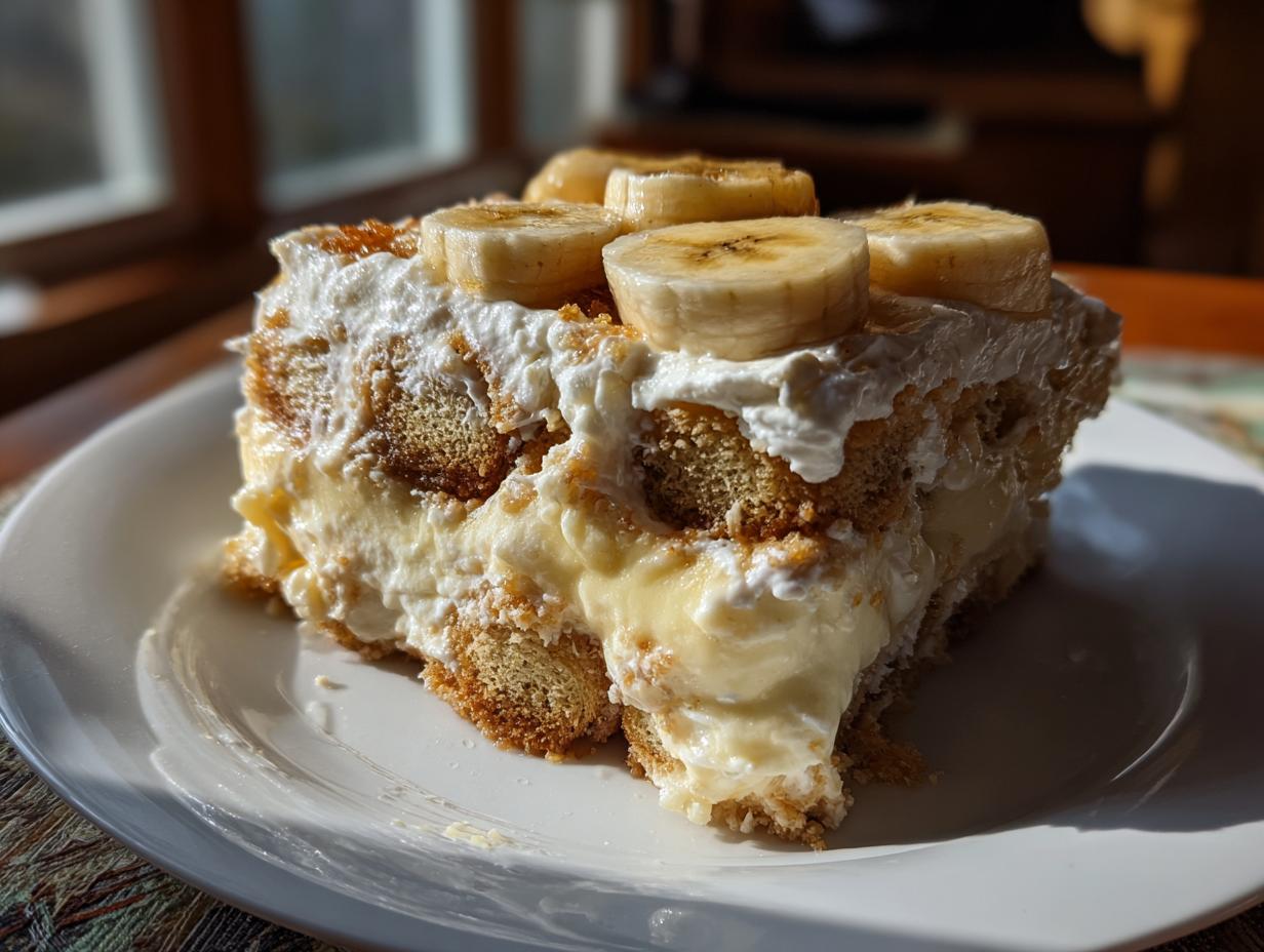 A generous slice of Southern banana pudding, layered with vanilla pudding, Nilla wafers, and topped with whipped cream and fresh banana slices.