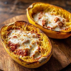 Two halves of spaghetti squash filled with spaghetti squash noodles, marinara sauce, and melted mozzarella cheese, served as lasagna boats.