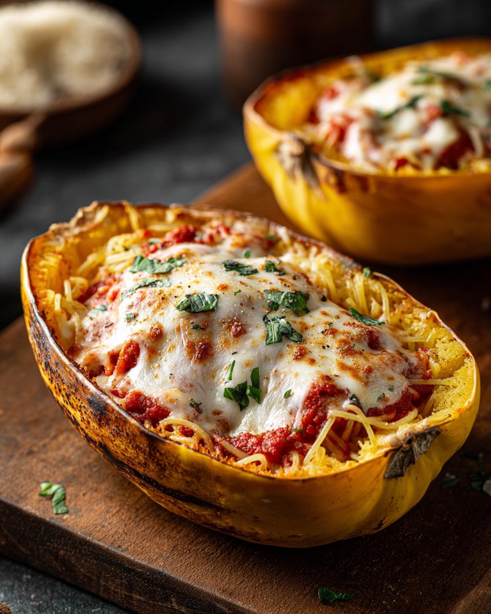 Close-up of a baked spaghetti squash lasagna boat filled with spaghetti squash strands, marinara sauce, and melted mozzarella cheese, garnished with basil.