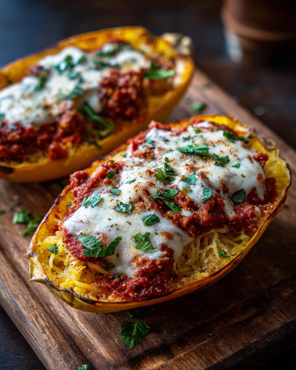 Two spaghetti squash lasagna boats filled with marinara sauce, ground meat, and melted mozzarella cheese, garnished with fresh parsley.