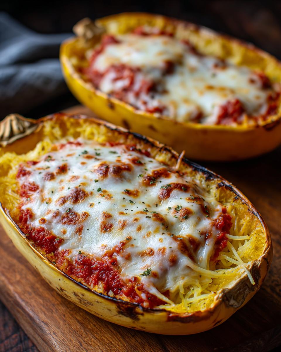 Two spaghetti squash lasagna boats filled with marinara sauce and topped with melted mozzarella cheese.
