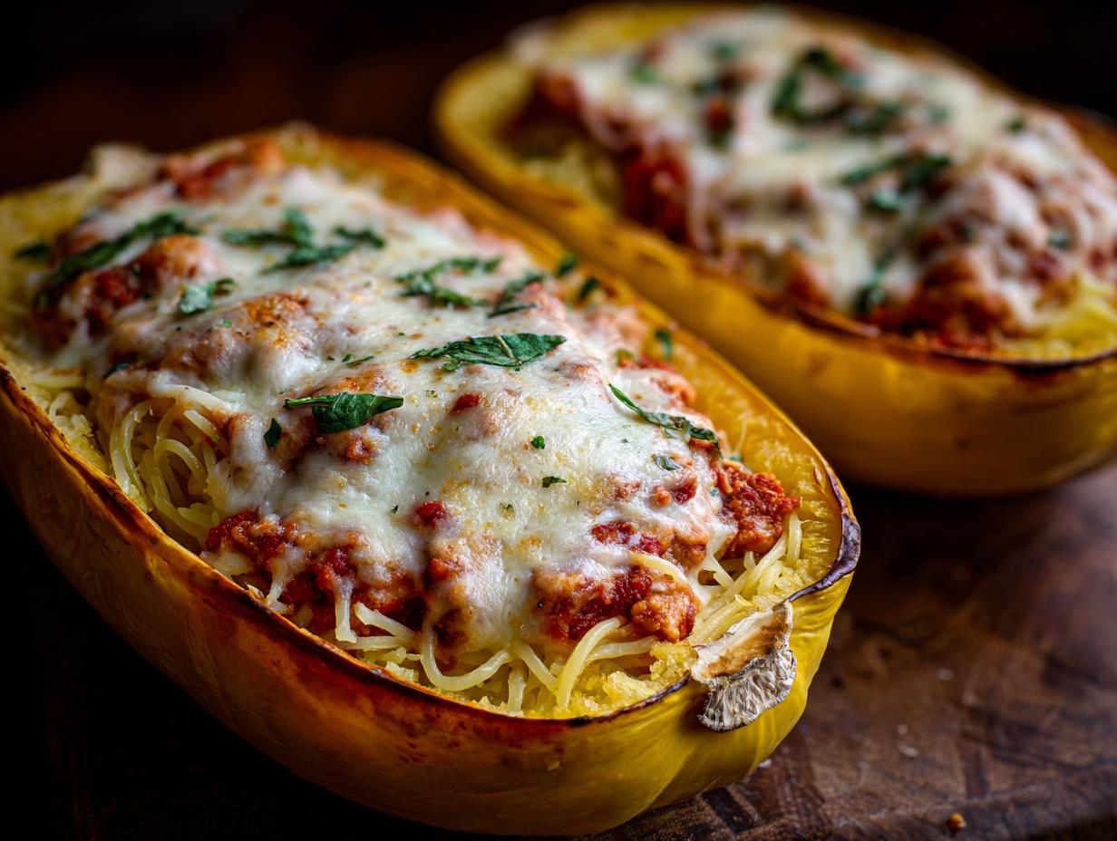 Close-up of two spaghetti squash lasagna boats filled with spaghetti squash strands, meat sauce, and melted mozzarella cheese, garnished with herbs.