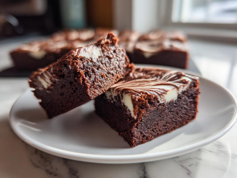 Close-up of two fudgy spider web brownies on a white plate, showcasing the marbled topping.
