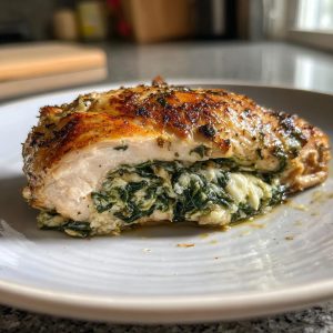 A close-up of a juicy spinach stuffed chicken breast, showing the creamy spinach and cheese filling.