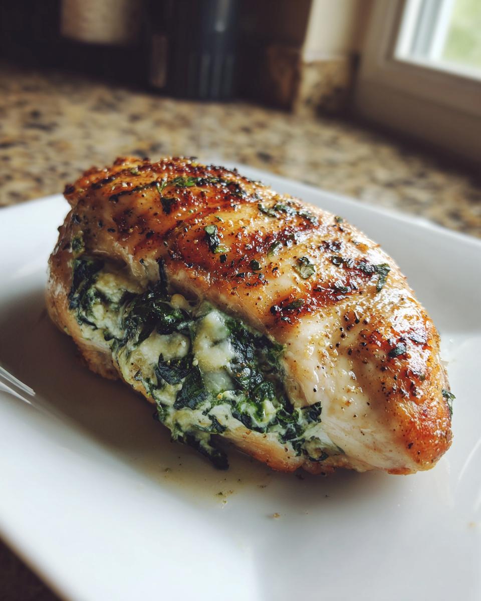 A close-up of a perfectly cooked spinach stuffed chicken breast on a white plate, showing the creamy spinach filling.