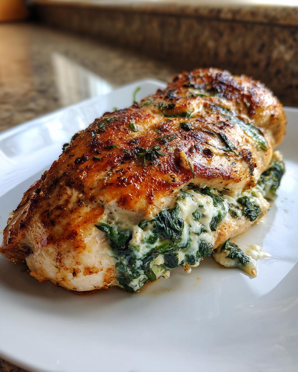 A close-up of a juicy spinach stuffed chicken breast, golden brown and seasoned, with creamy spinach filling visible.
