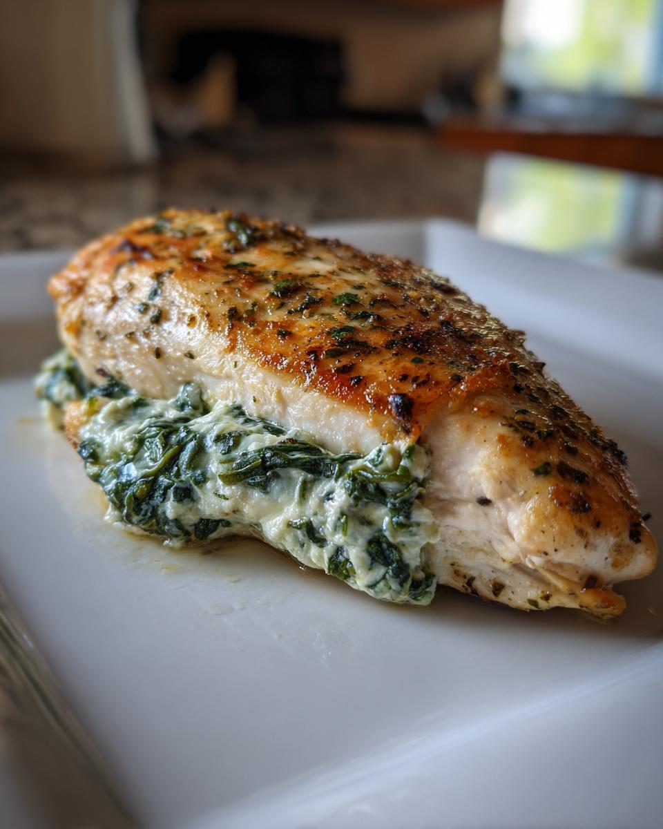 A close-up of a perfectly cooked spinach stuffed chicken breast on a white plate, with creamy spinach filling spilling out.