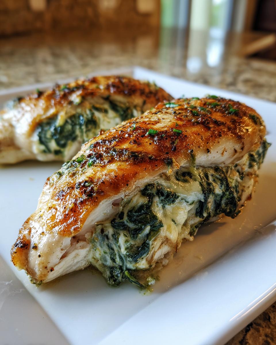 Close-up of a perfectly cooked spinach stuffed chicken breast, showing the creamy spinach and cheese filling spilling out.