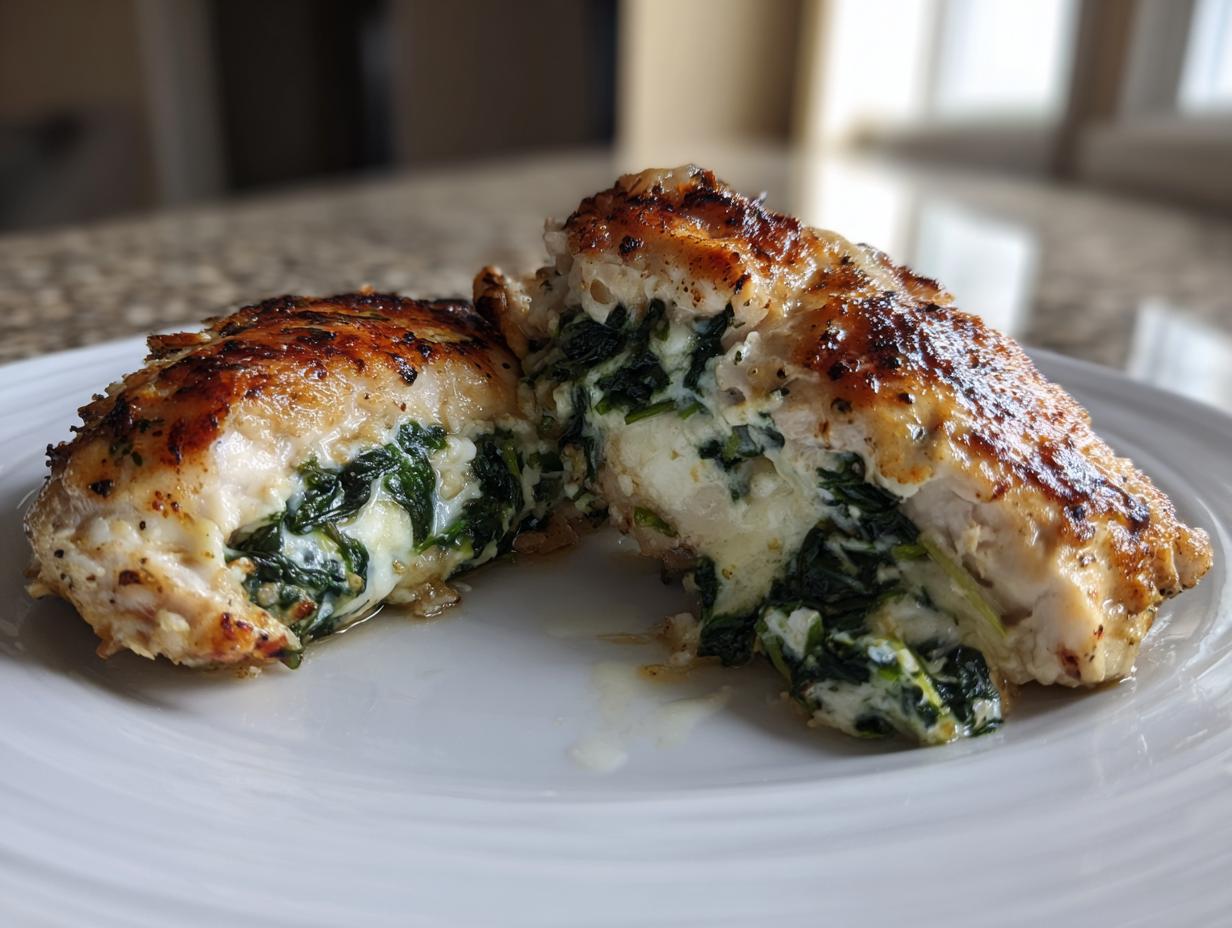Close-up of a juicy spinach stuffed chicken breast, cut in half to reveal the creamy spinach and cheese filling.