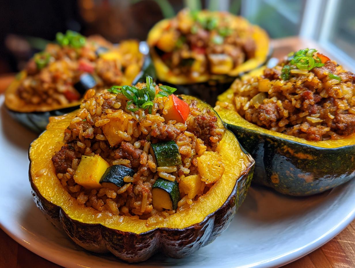 Close-up of four stuffed acorn squash halves filled with a savory mixture of ground meat, rice, zucchini, and bell peppers, garnished with green onions.