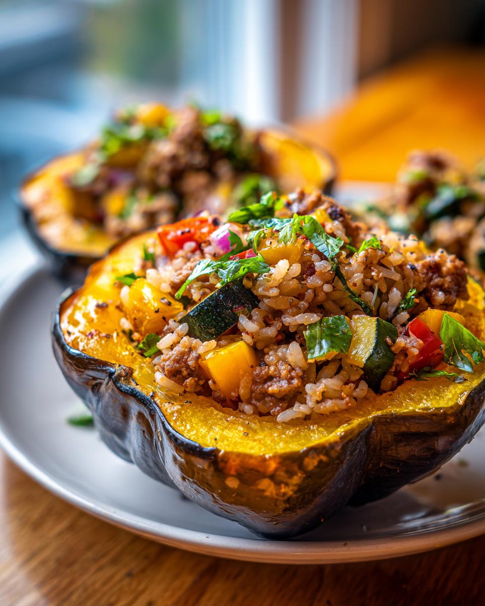 Close-up of a stuffed acorn squash filled with rice, ground meat, zucchini, bell peppers, and herbs.