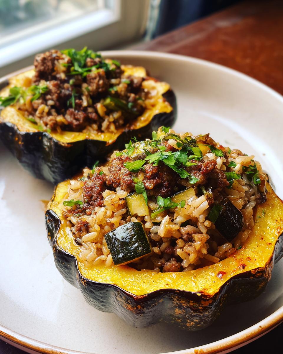 Two halves of stuffed acorn squash filled with ground meat, rice, and zucchini, topped with fresh parsley.
