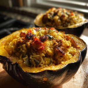 Close-up of a halved stuffed acorn squash filled with a savory rice mixture, topped with browned bits.