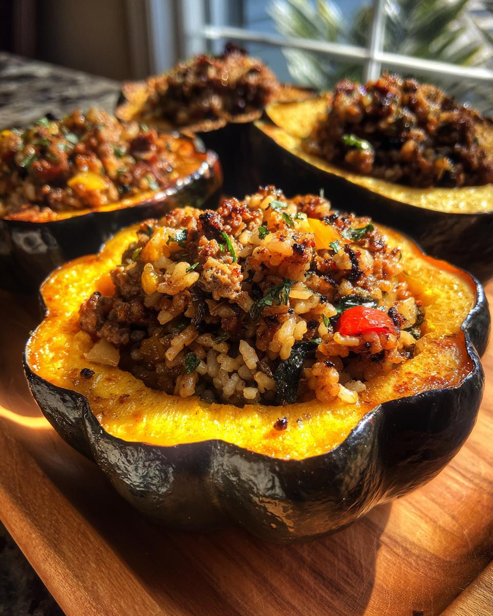 Close-up of delicious stuffed acorn squash halves filled with a savory mixture of rice, meat, and herbs.