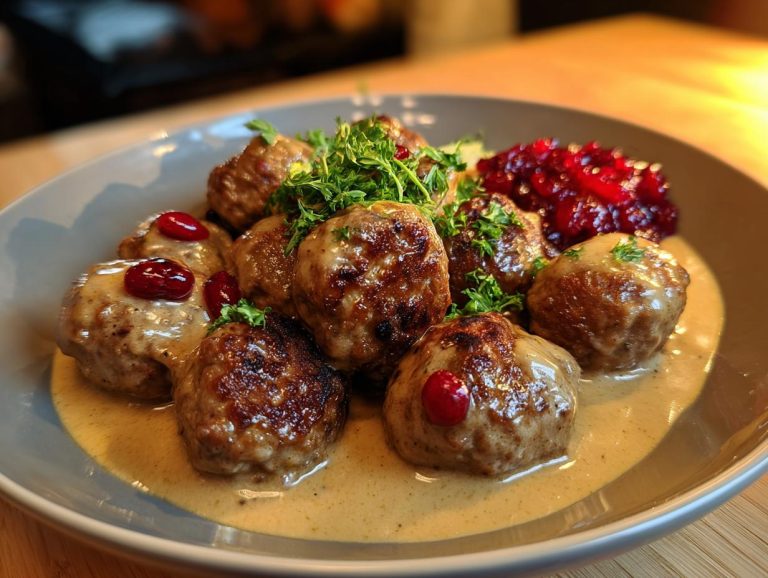 A close-up of tender Swedish meatballs served in a creamy sauce with lingonberry jam and fresh parsley.