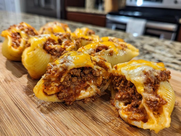 A close-up of several taco stuffed shells filled with seasoned ground beef and topped with melted cheddar cheese.