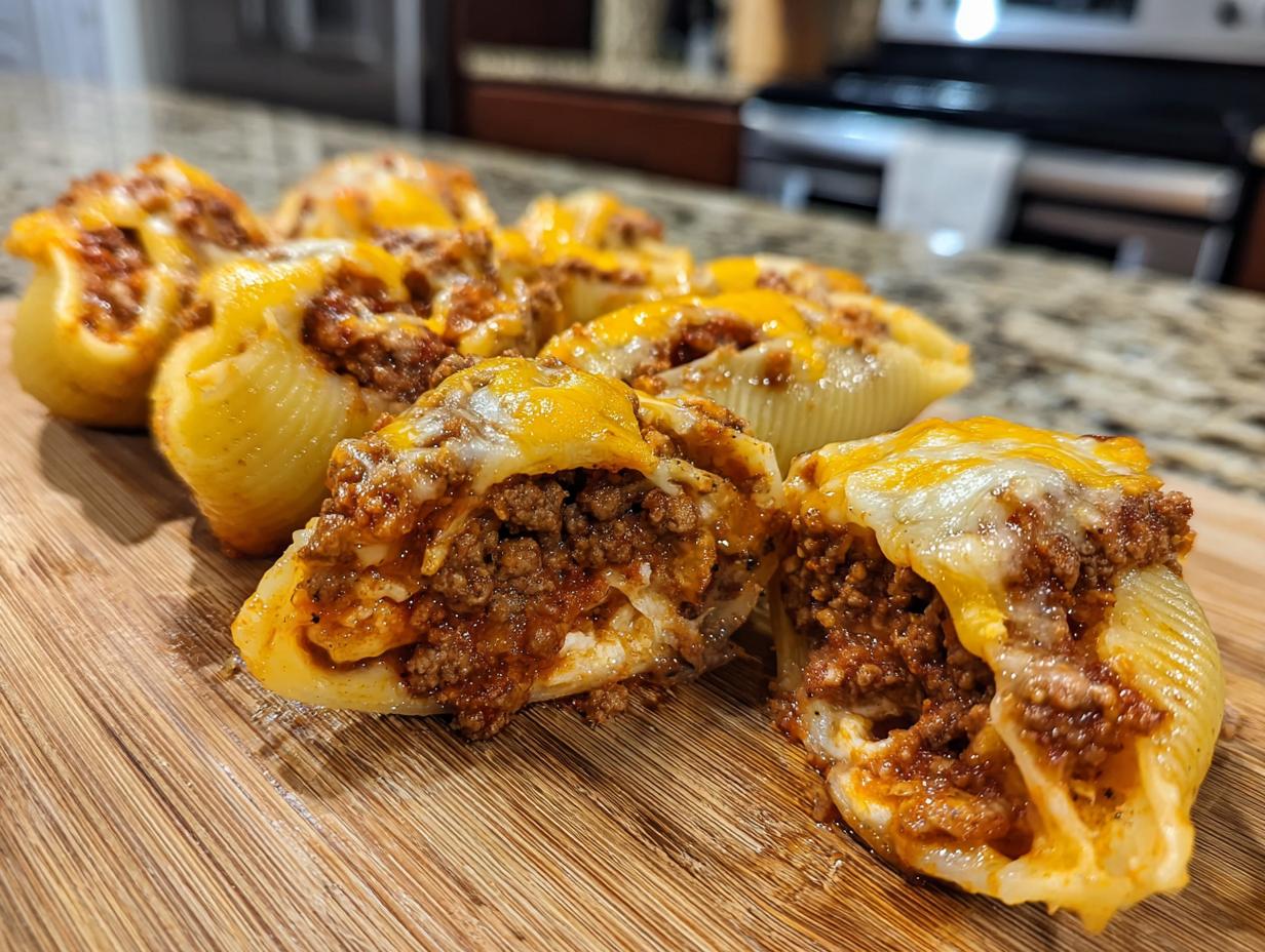 A close-up of several taco stuffed shells filled with seasoned ground beef and topped with melted cheddar cheese.