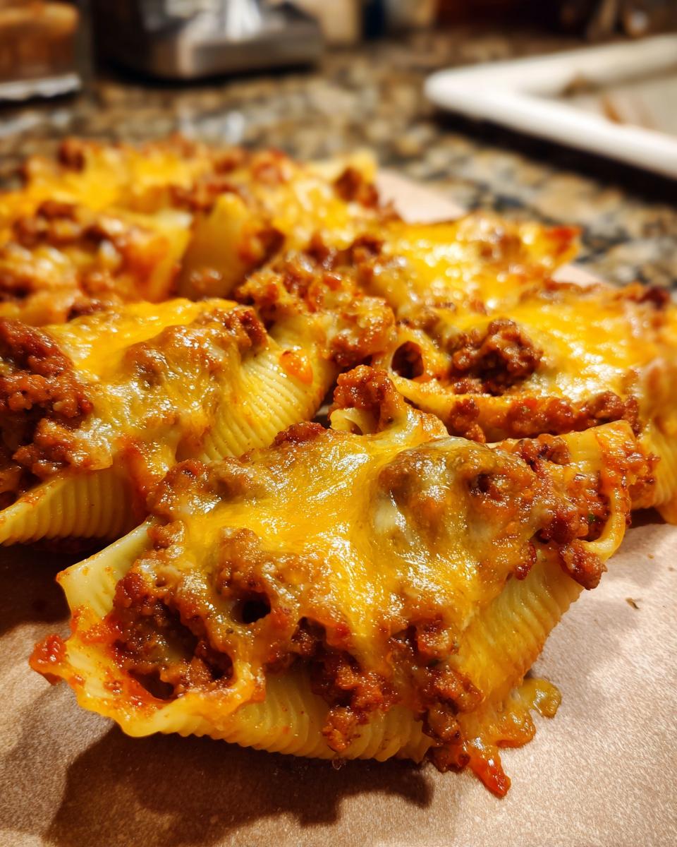 A close-up of baked taco stuffed shells topped with melted cheddar cheese and seasoned ground beef.
