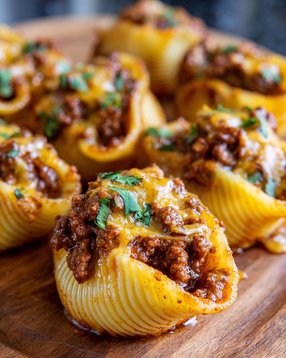 Close-up of baked taco stuffed shells filled with seasoned ground beef and topped with melted cheddar cheese and fresh cilantro.