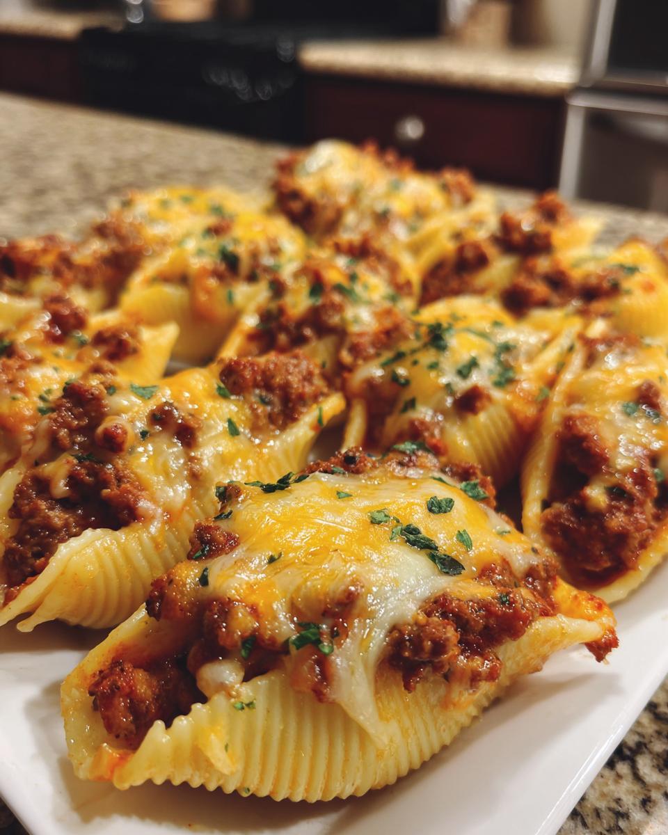 A close-up of baked taco stuffed shells generously filled with seasoned ground beef and topped with melted cheese and parsley.