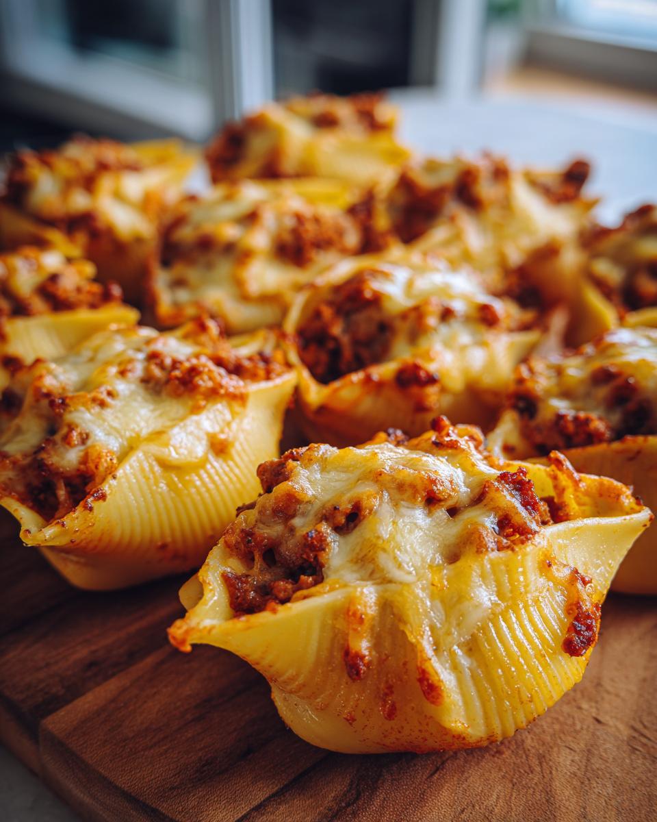 Close-up of baked Taco Stuffed Shells filled with seasoned ground meat and topped with melted cheese.