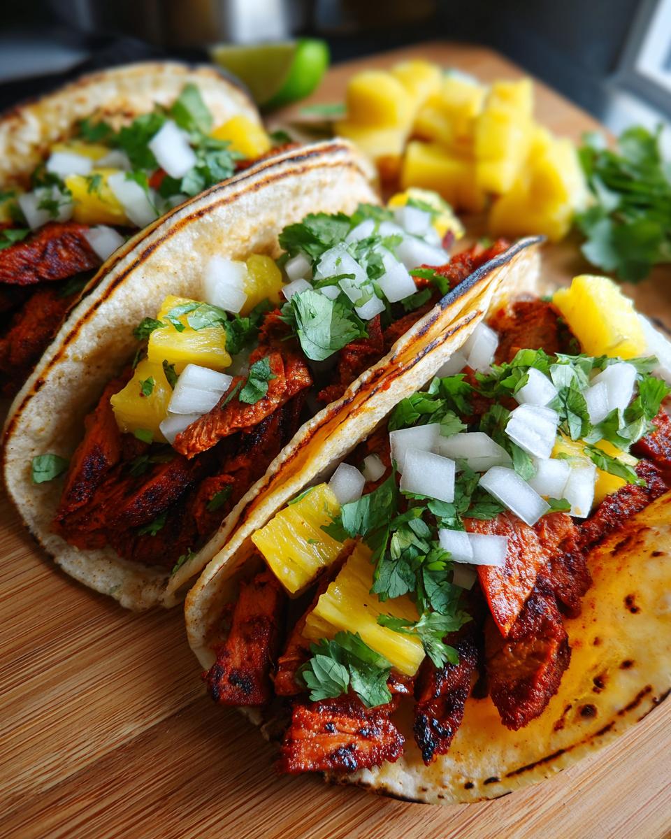 Close-up of three tacos al pastor filled with marinated pork, topped with diced pineapple, onion, and cilantro.