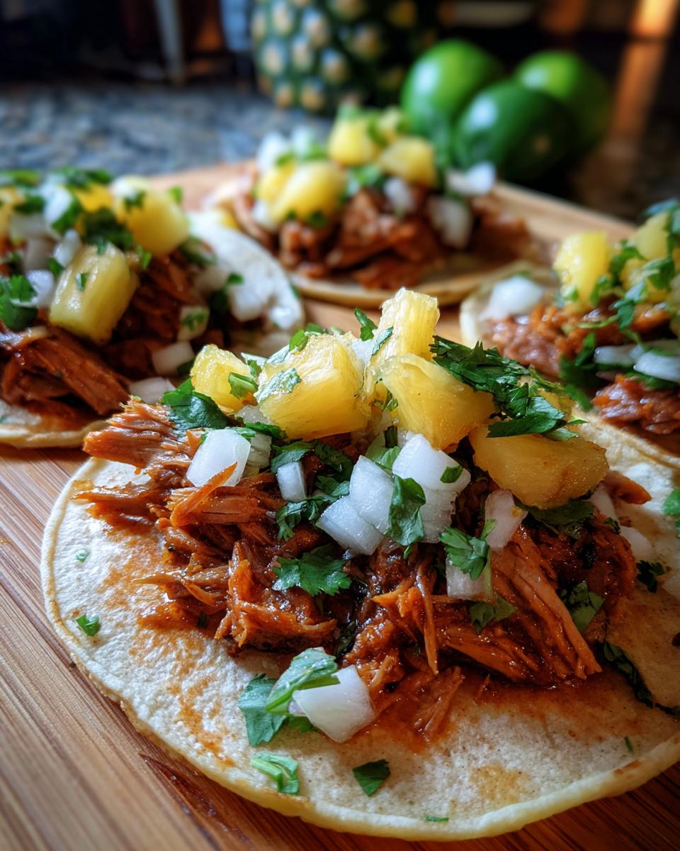Close-up of mouthwatering tacos al pastor topped with diced pineapple, onions, and cilantro.