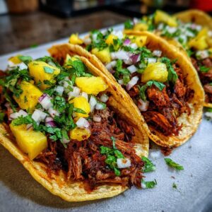 Close-up of three Tacos Al Pastor filled with shredded marinated pork, topped with diced pineapple, red onion, and cilantro.