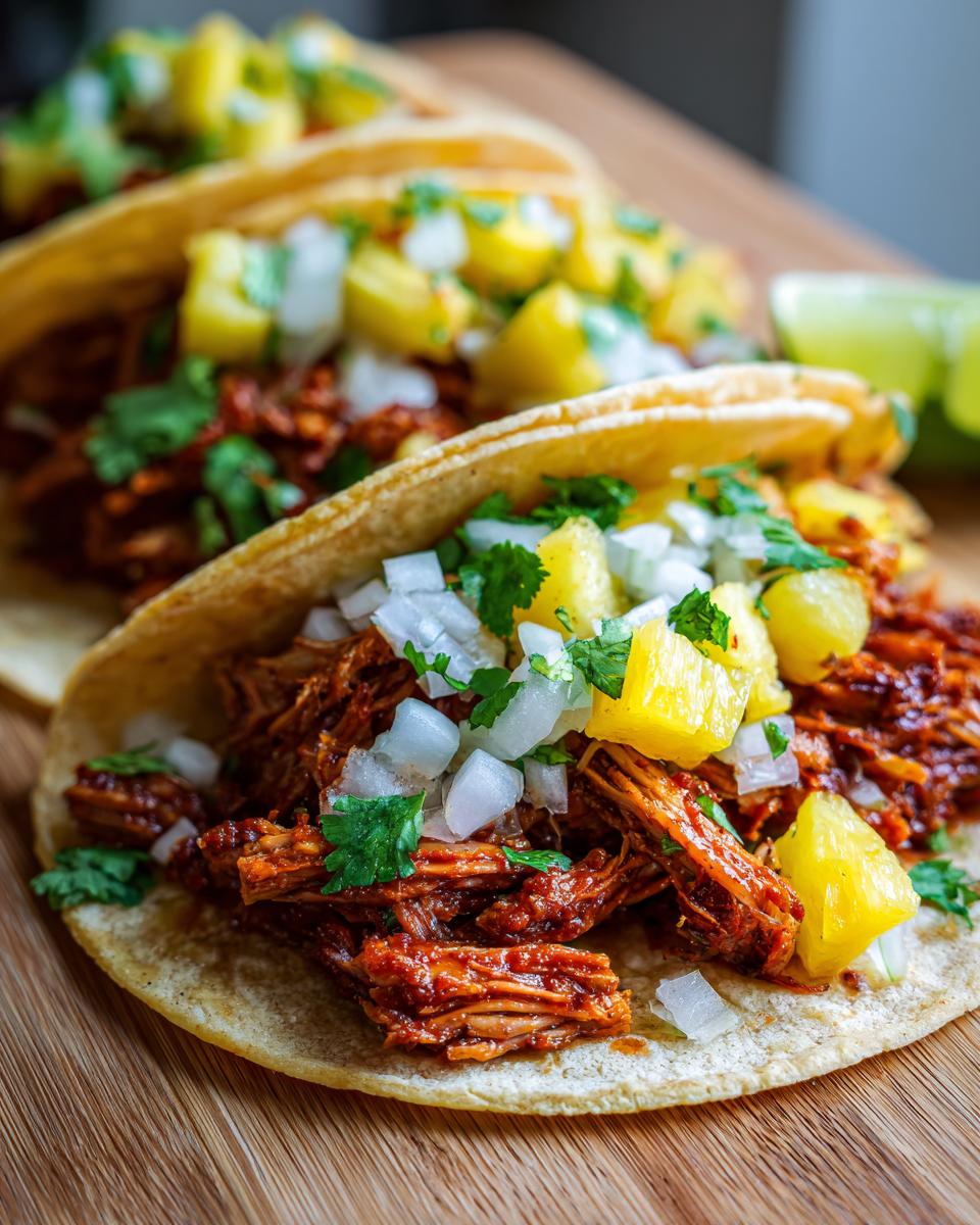 Close-up of three tacos al pastor filled with shredded marinated pork, topped with diced pineapple, white onion, and cilantro.