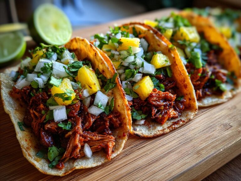 Close-up of three Tacos Al Pastor on a wooden board, topped with diced pineapple, onion, and cilantro, with lime wedges in the background.