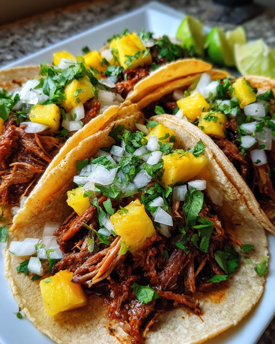 Close-up of three tacos al pastor filled with shredded meat, topped with diced pineapple, onion, and cilantro. Lime wedges are visible on the side.