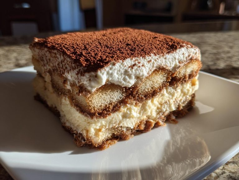 A close-up of a perfectly layered Tiramisu slice, dusted with cocoa powder.
