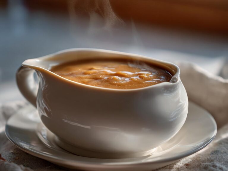 Close-up of a white gravy boat filled with steaming, smooth turkey gravy.