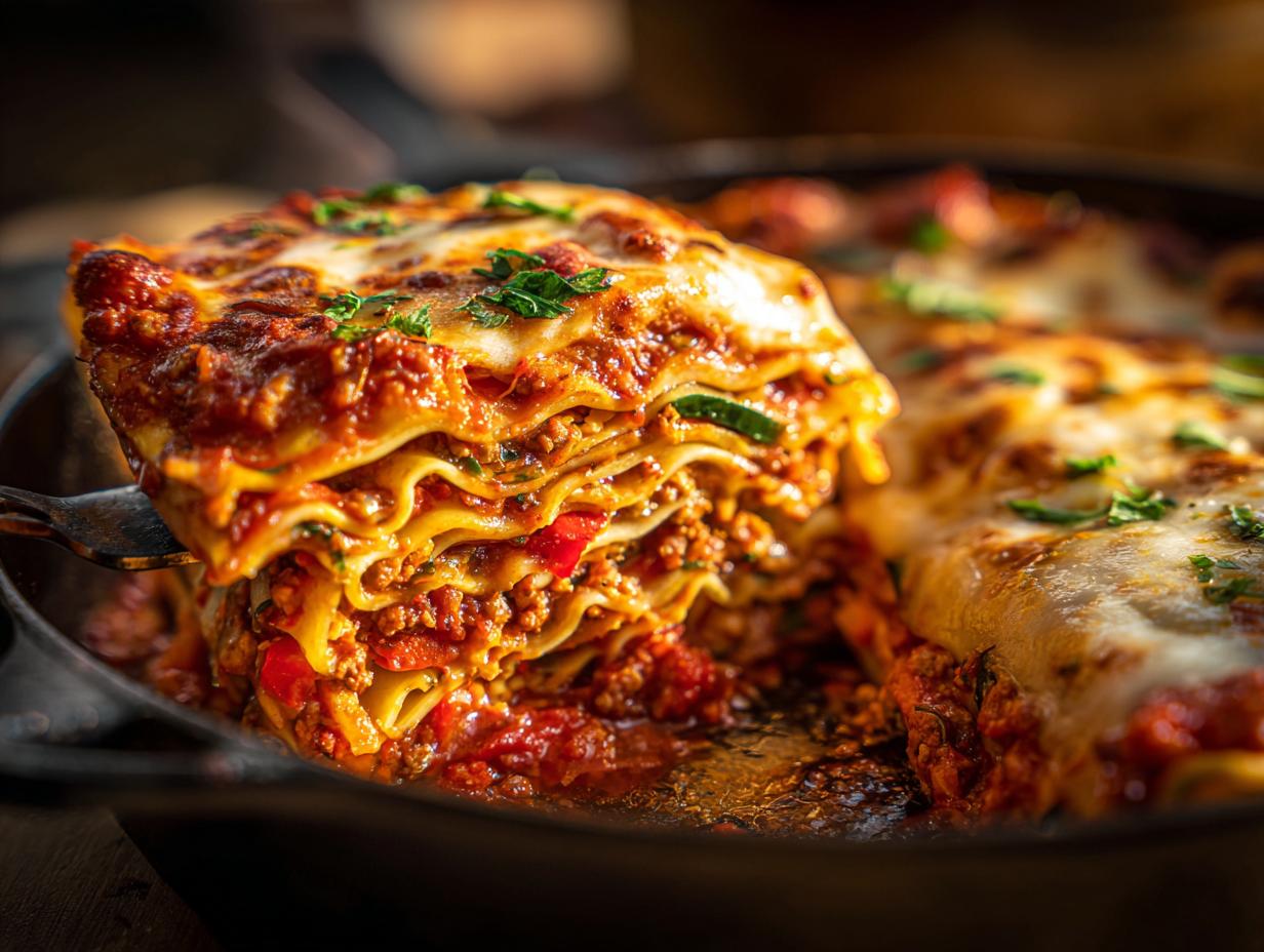 A fork lifting a generous slice of homemade vegetable lasagna from a cast iron skillet, showing layers of pasta, rich sauce, and melted cheese.