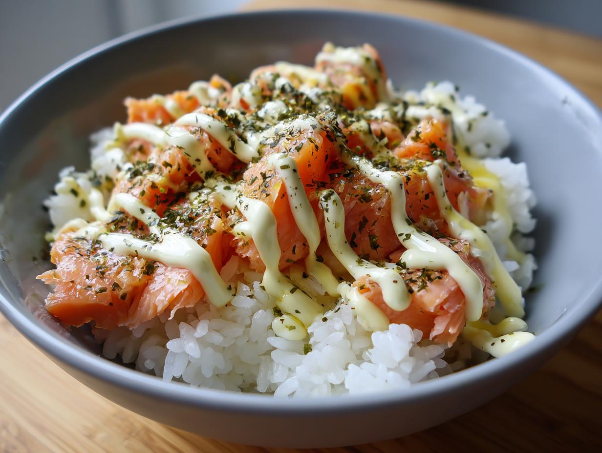 Close-up of a viral salmon rice bowl, featuring fluffy white rice topped with flaked salmon, drizzled with creamy mayonnaise and sprinkled with herbs.