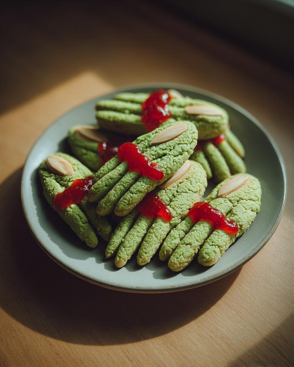 A plate of green Witch Finger Cookies decorated with red jam and almond slivers for nails.