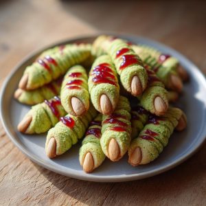 A pile of green witch finger cookies decorated with red jam and almonds for nails.