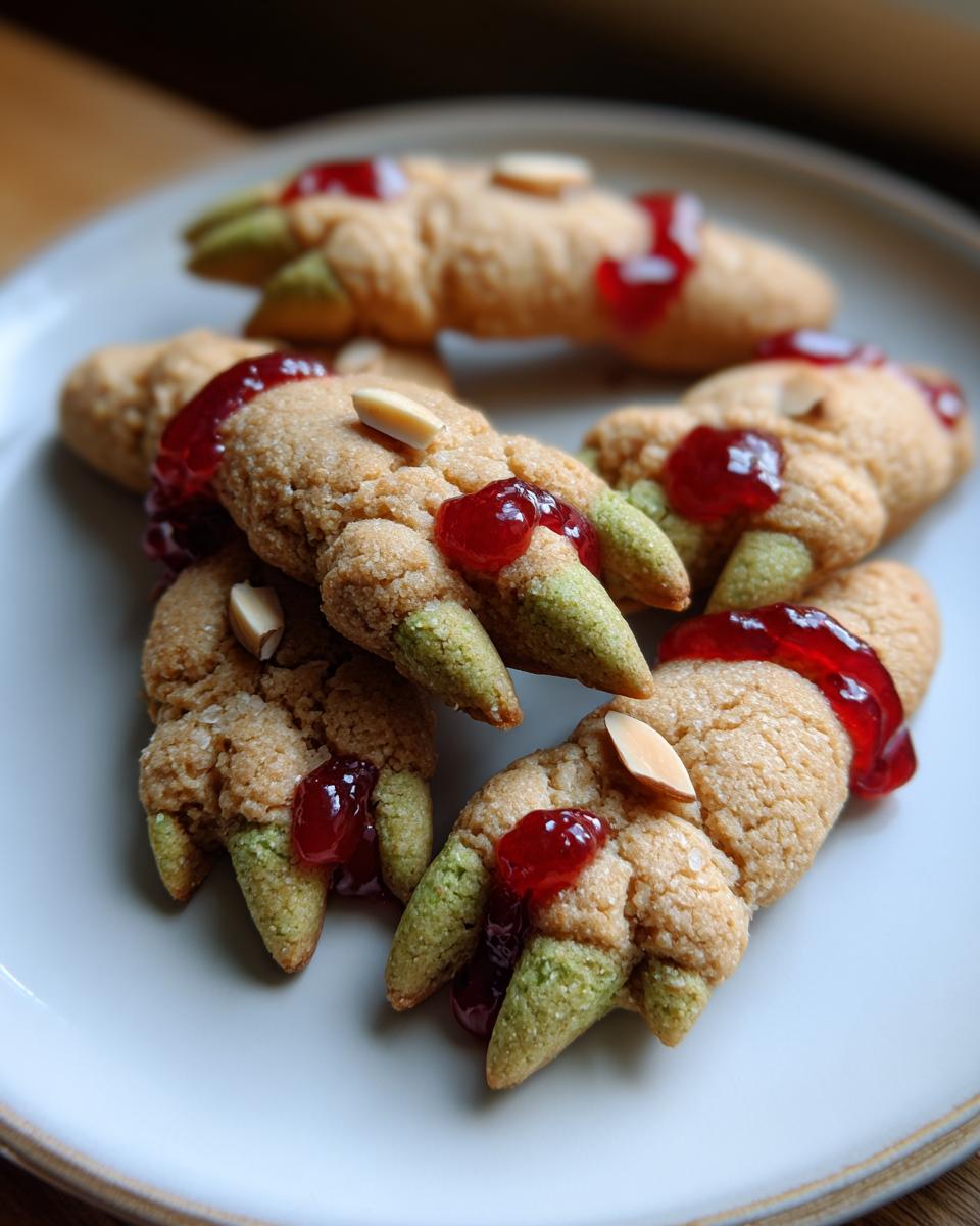 Close-up of several Witch Finger Cookies on a white plate, decorated with green tips, red jam "blood", and almond slivers.