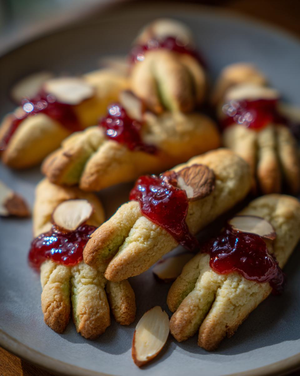 Close-up of creepy witch finger cookies decorated with red jam and almond slivers, resembling fingernails.