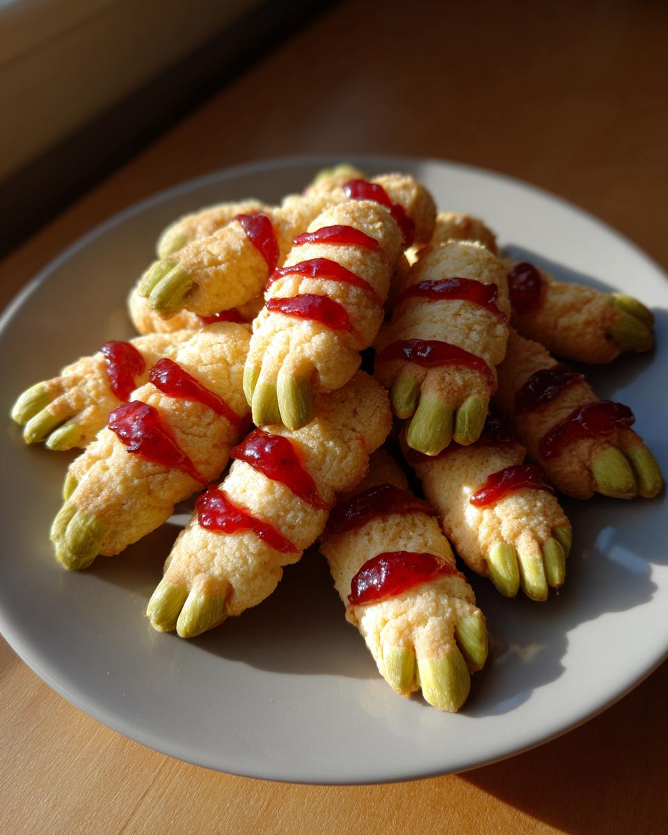 A pile of creepy witch finger cookies, decorated with green tips and red jam stripes.