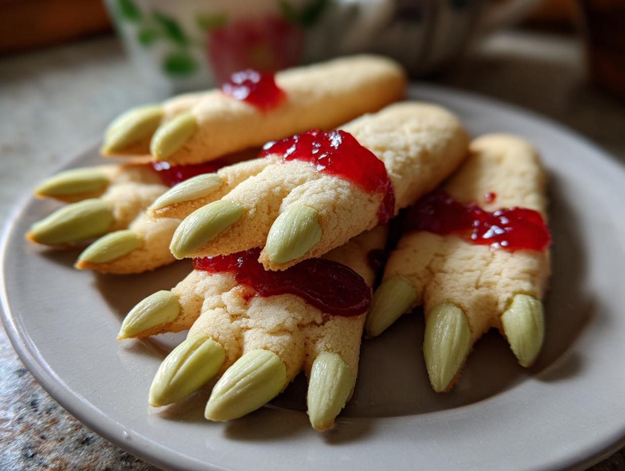 A close-up of several spooky Witch Finger Cookies on a plate, decorated with red jam "blood" and almond sliver "nails".