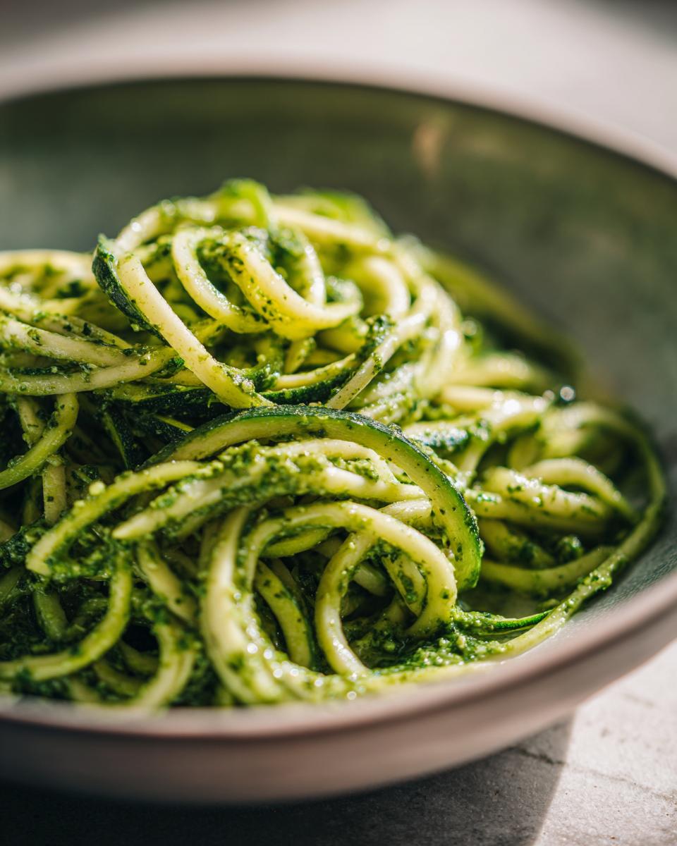 Close-up of vibrant zucchini noodles tossed in fresh green pesto in a rustic bowl.