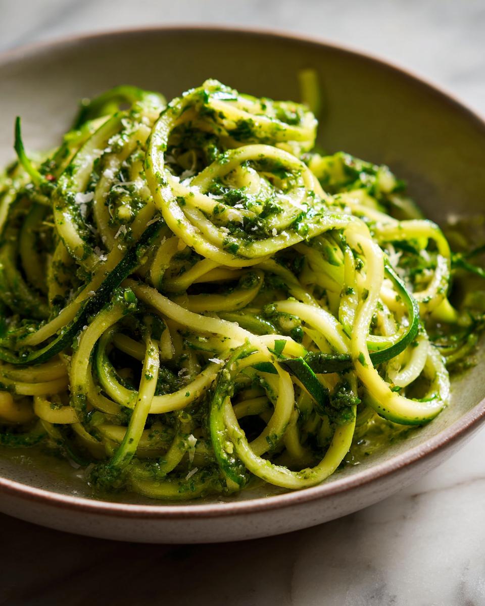 A bowl of fresh zucchini noodles tossed with vibrant green pesto and a sprinkle of Parmesan cheese.