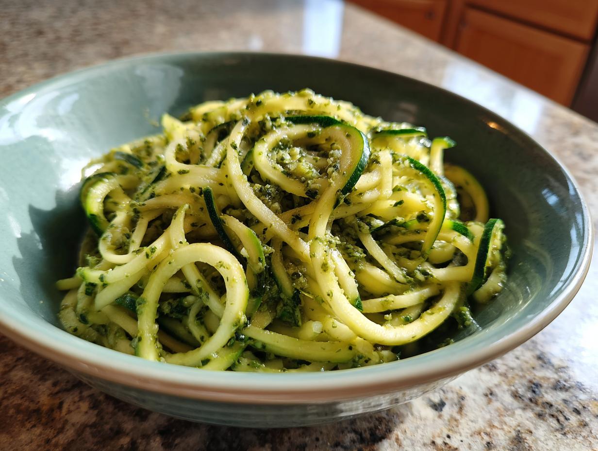 A close-up of a bowl filled with fresh zucchini noodles coated in vibrant green pesto.