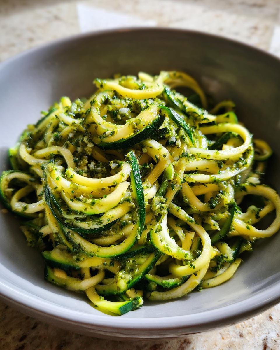 A close-up of a bowl filled with vibrant zucchini noodles coated in fresh pesto.