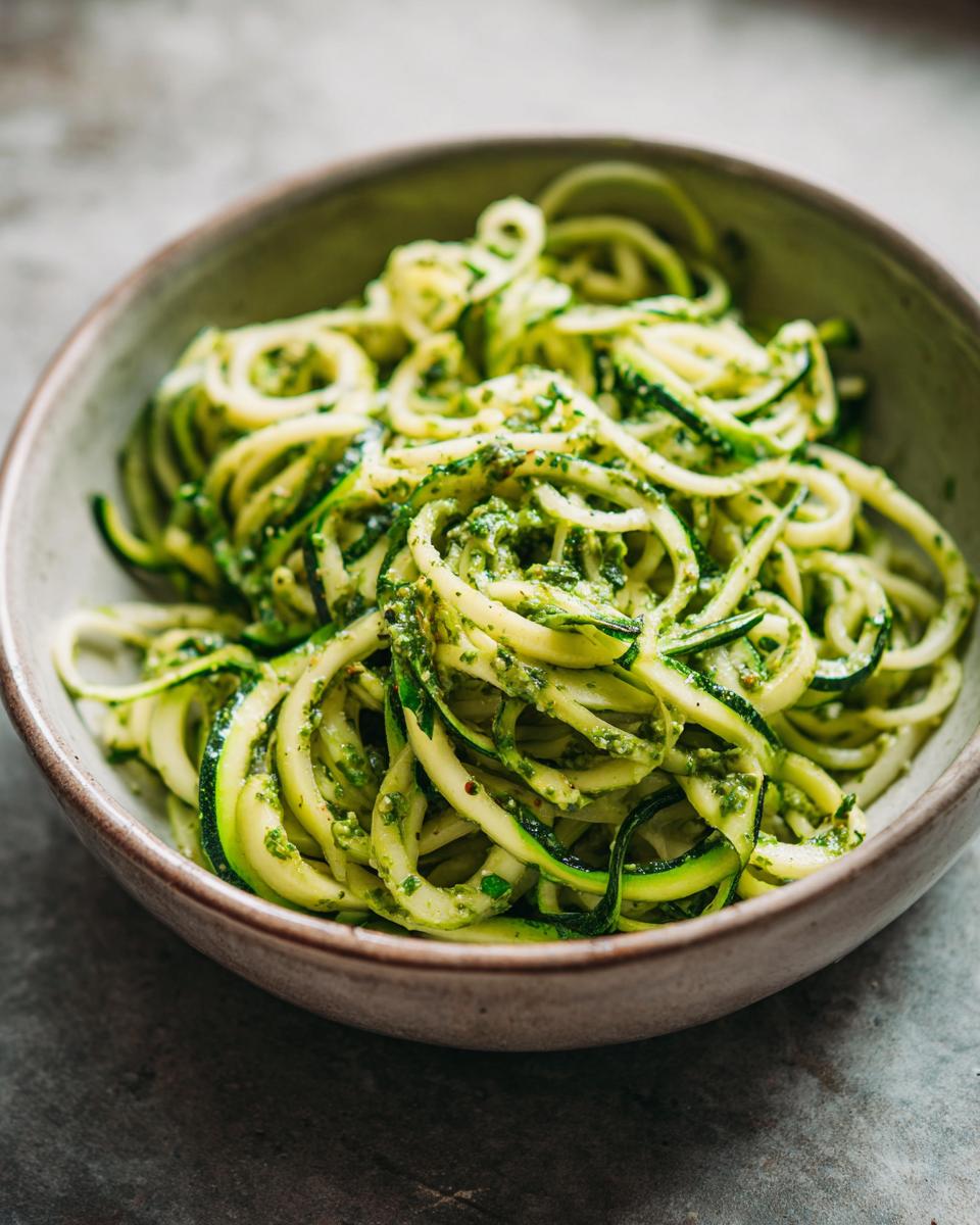 A close-up of a bowl filled with fresh zucchini noodles coated in vibrant green pesto.