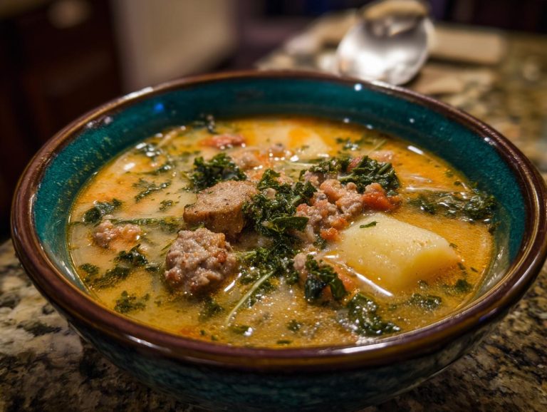 A close-up of a bowl of Zuppa Toscana, featuring sausage, potatoes, kale, and tomatoes in a creamy broth.
